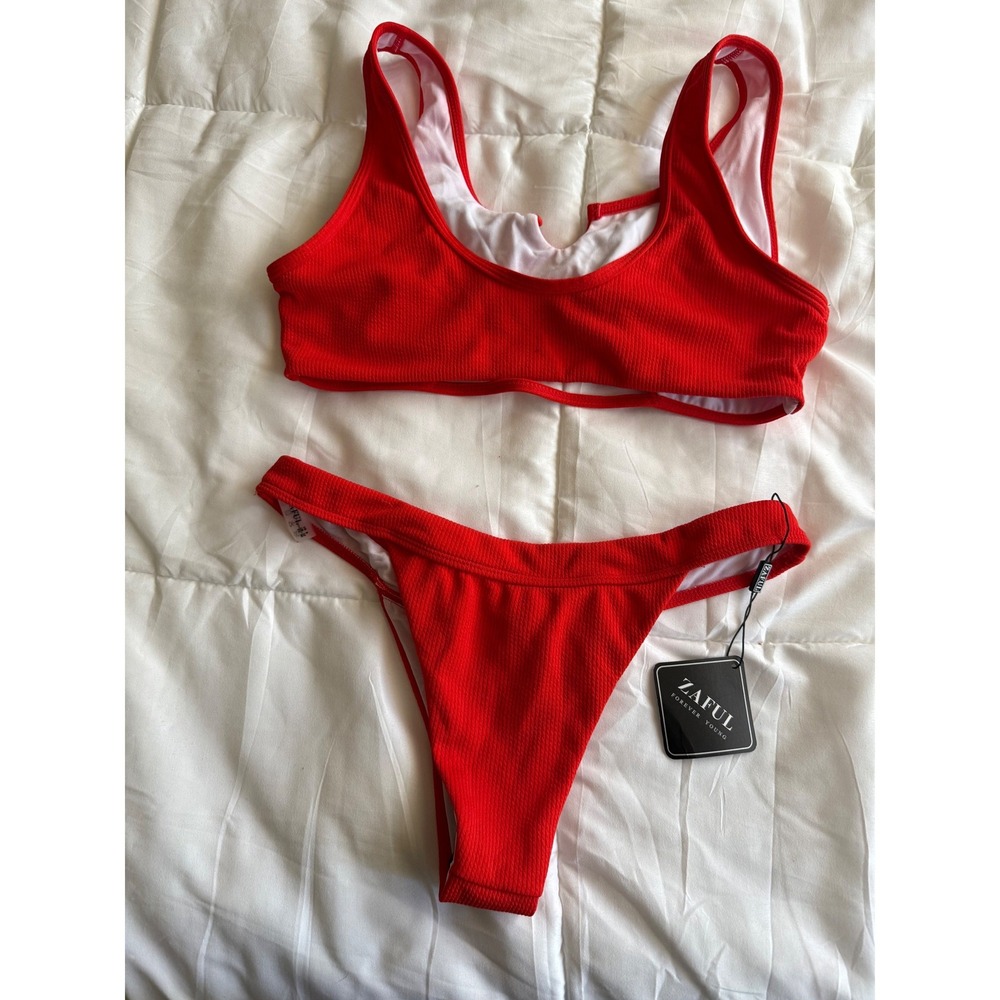 NWT Zaful Red Ribbed Scoop Neck High Cut Bikini Set Size 8